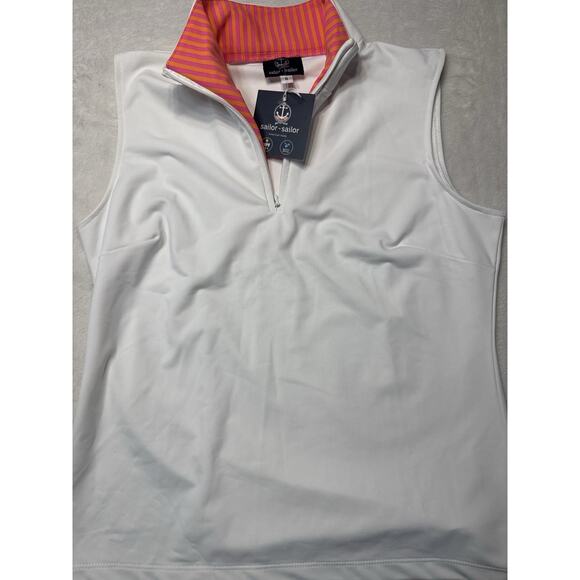 Sailor Sailor Sleeveless White 1/4 Zip Pink Orange Stripe Trim UPF 50+ NWT Sz SM - Picture 1 of 12